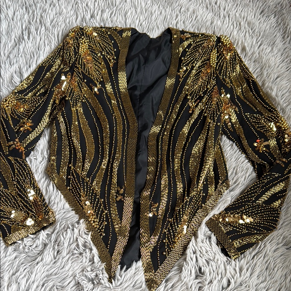 Black and Gold Baroque Blazer with Intricate Sequins